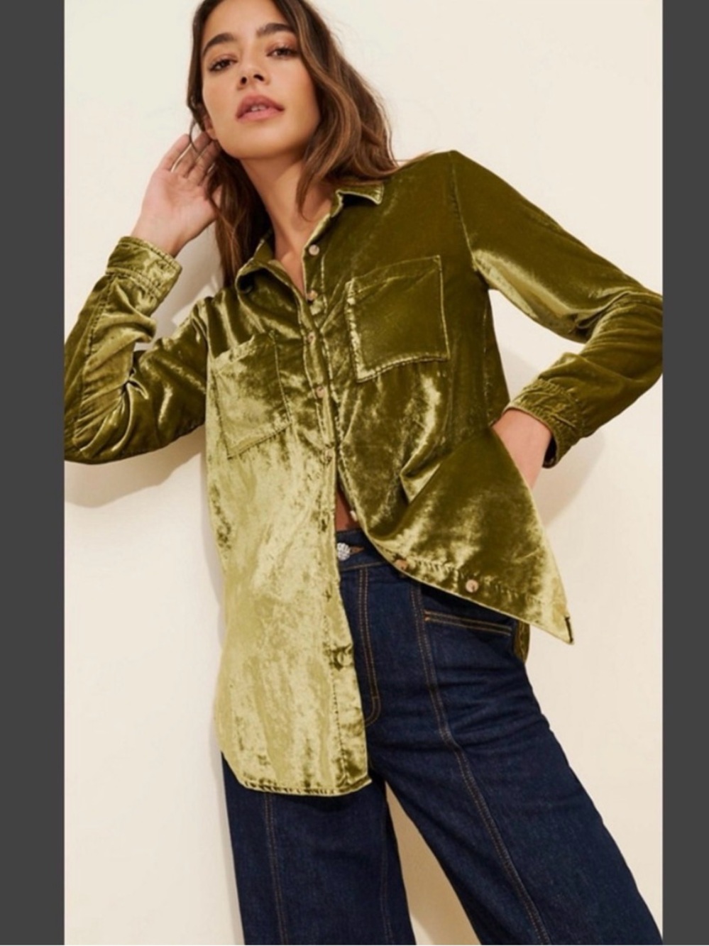 Pilcro Olive Green Velvet Button-Down Shirt
